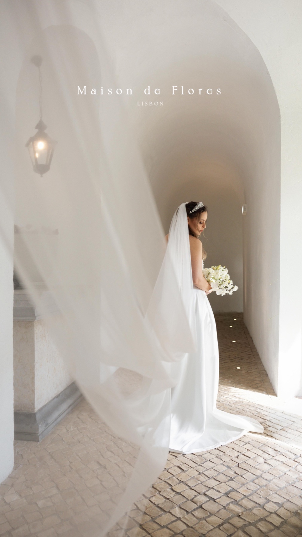 A bride beneath the arches, her veil caught in the light