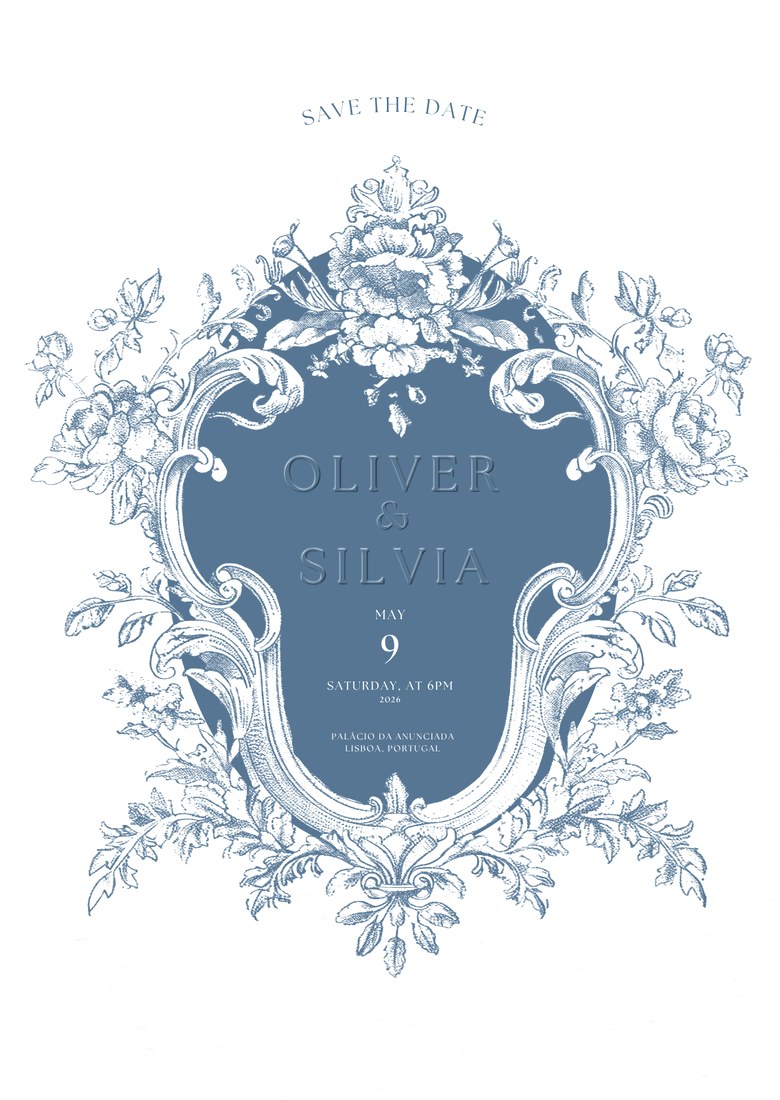 Save-the-date invitation drawn in the Azulejo design